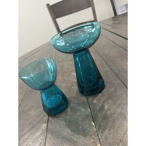 Vtg Morgantown Glass Candle Holders Blue Peacock Set‎ Of 2 Deco MCM Handblown